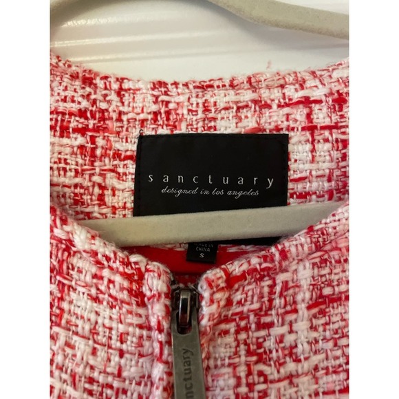 Sanctuary Women’s Red White City Long Tweed Jacket Zippered pockets Small‎ - Picture 3 of 6